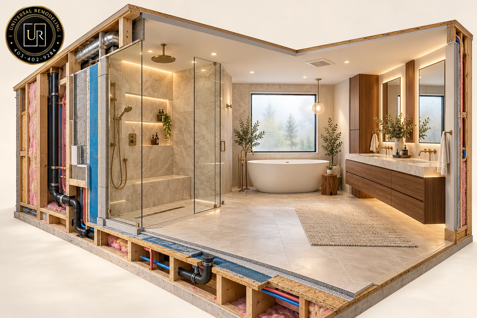 Illustrative luxury bathroom renovation cutaway showing interior finishes and concealed building systems