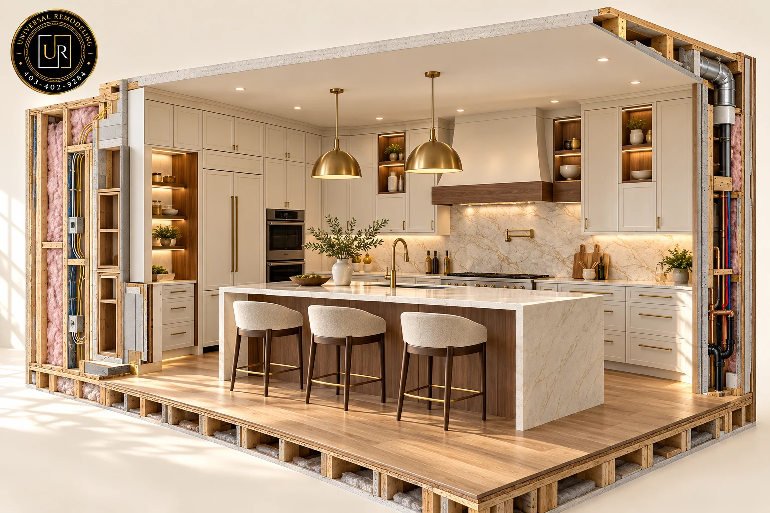 Illustrative luxury kitchen renovation cutaway showing interior finishes and concealed building systems