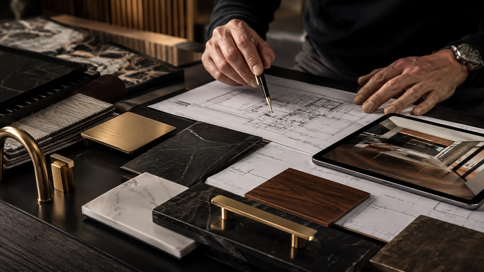 Renovation design inspiration with plans, wood, stone and metal finish samples