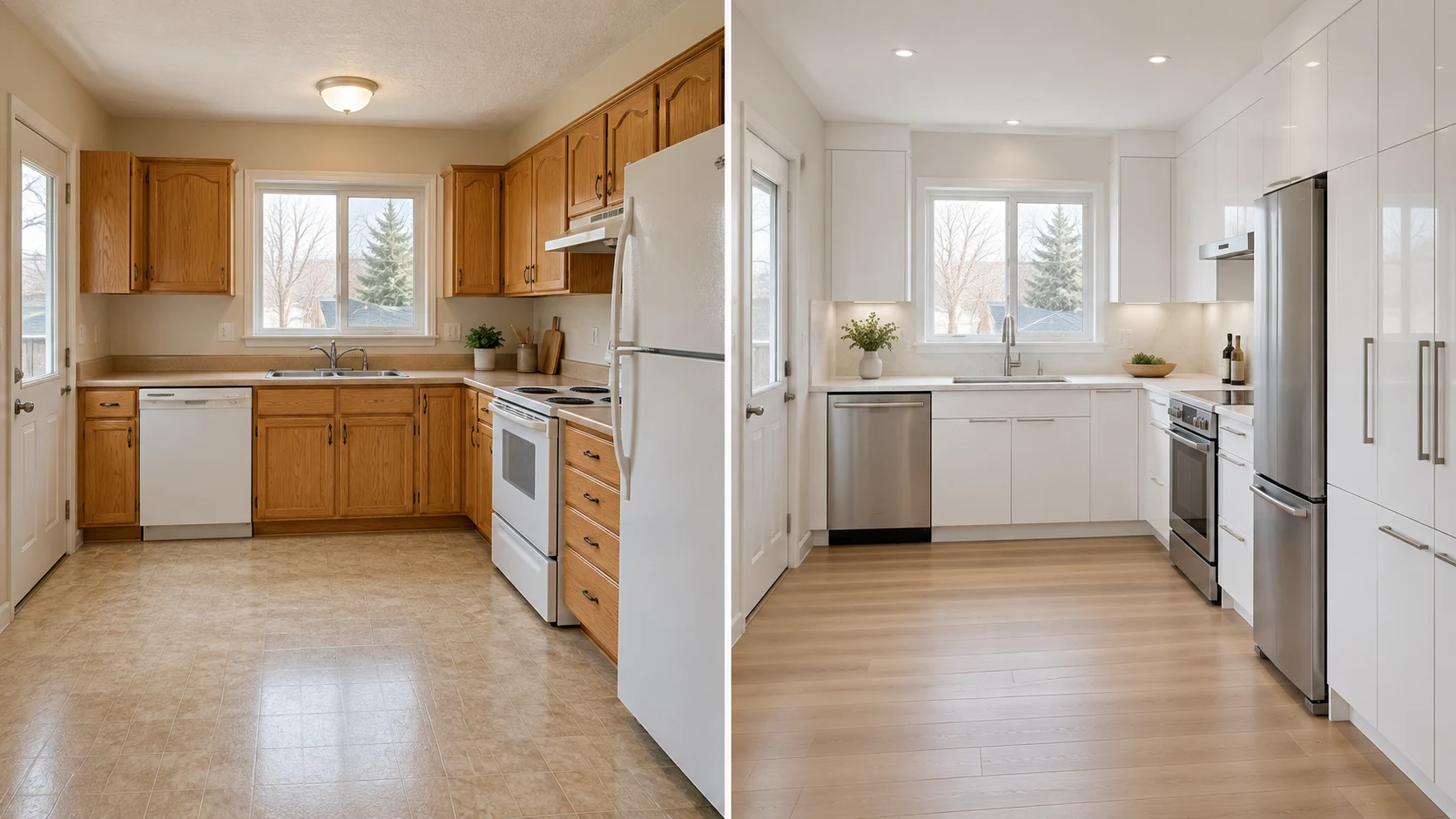 AI design concept showing a dated kitchen and a modern white kitchen in the same room