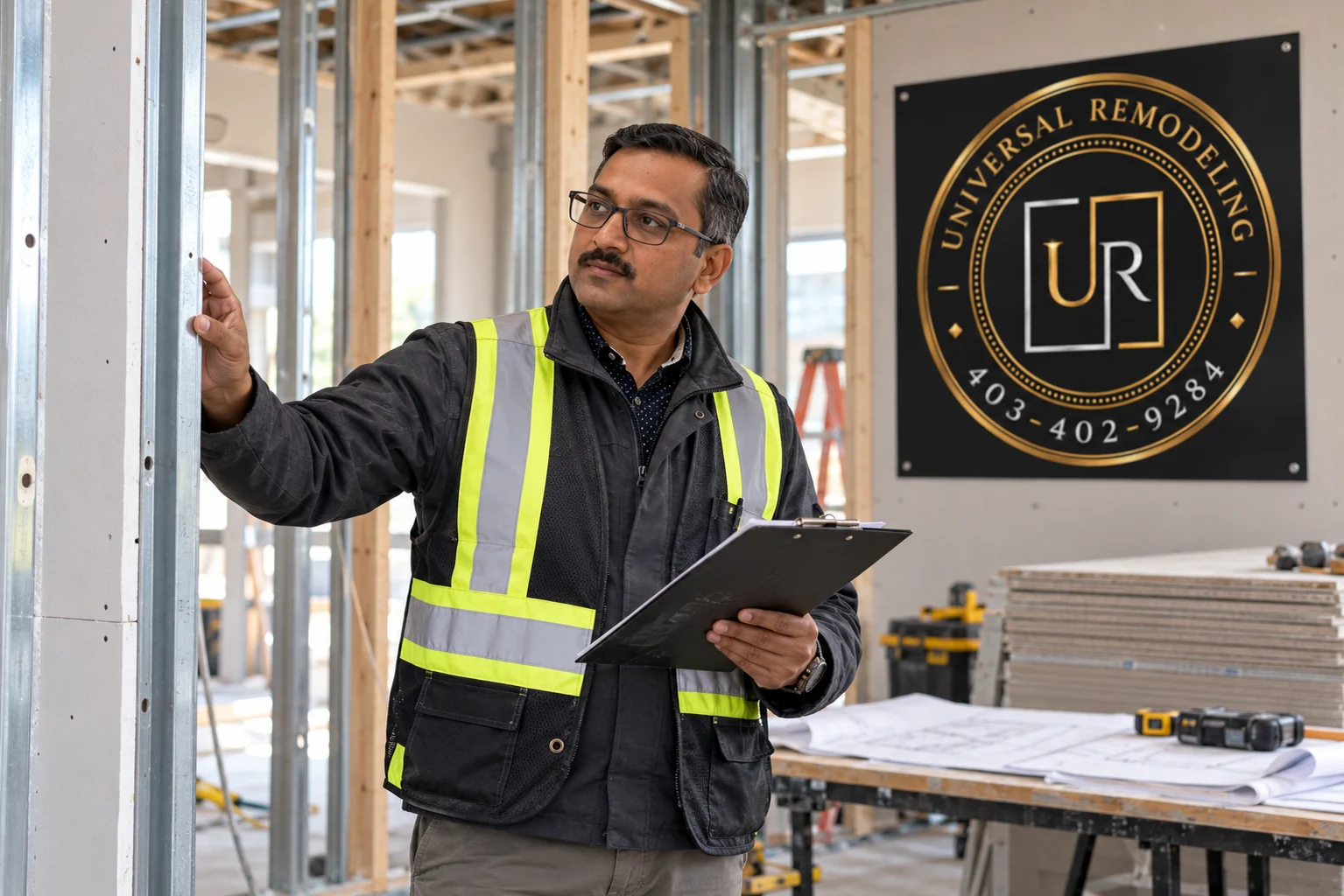 Universal Remodeling owner inspecting commercial interior framing
