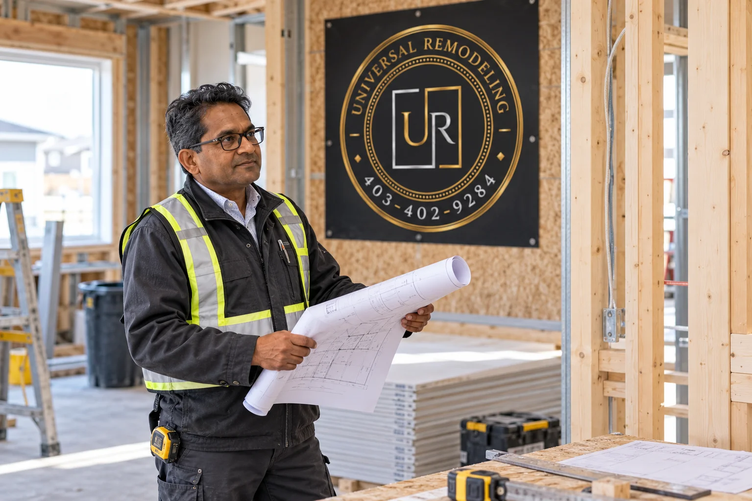 Universal Remodeling owner reviewing plans at a framed construction site