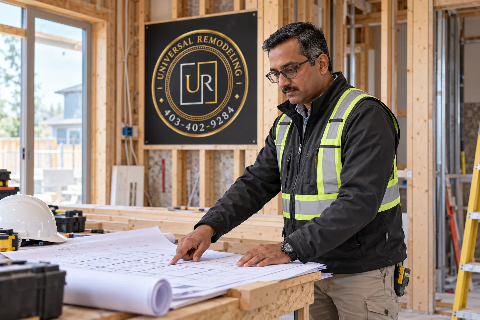 Universal Remodeling owner discussing construction floor plans on site